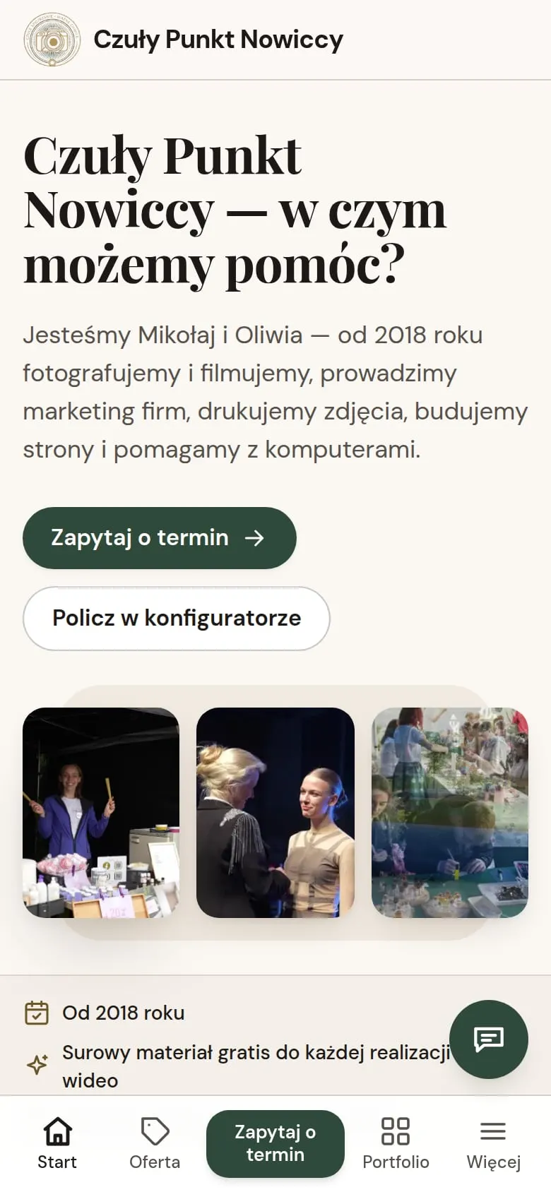 Strona Czuły Punkt Nowiccy na telefonie — pierwszy ekran